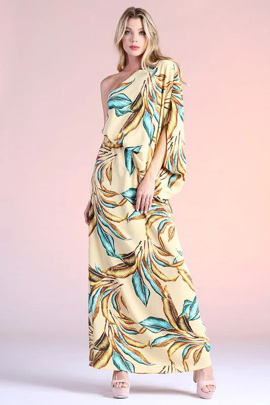 OE: Gilded Leaf Print Slouchy One Shoulder Maxi