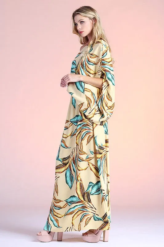OE: Gilded Leaf Print Slouchy One Shoulder Maxi
