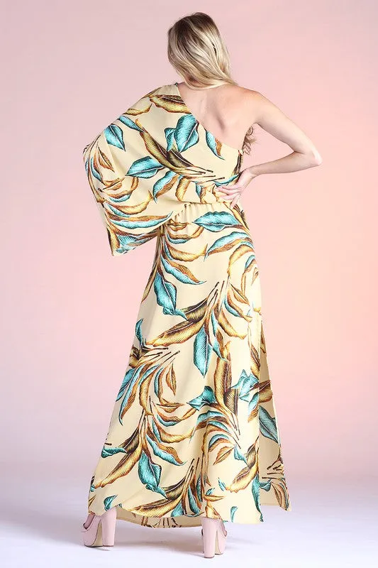 OE: Gilded Leaf Print Slouchy One Shoulder Maxi