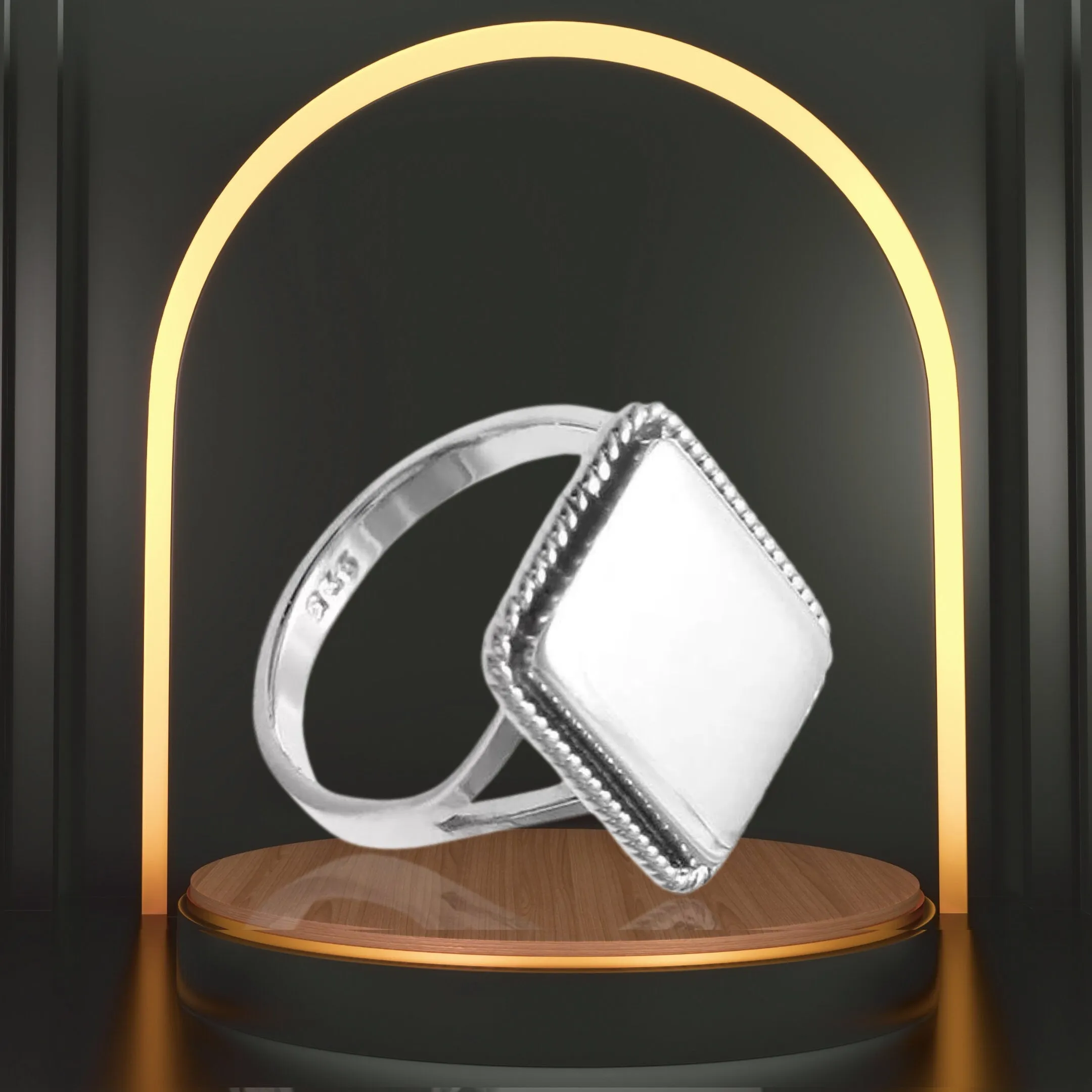 Personalizable Rectangle Shaped Women Ring | 925 Sterling Silver Rope Edge Design | 17mm Ring with All Size 5-9