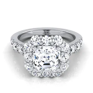 Platinum Asscher Cut Diamond Luxe Style French Pave Halo Engagement Ring -1-1/10ctw