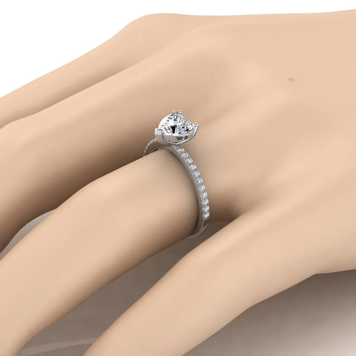 Platinum Heart Shape Center Diamond Simple French Pave Double Claw Prong Engagement Ring -1/6ctw