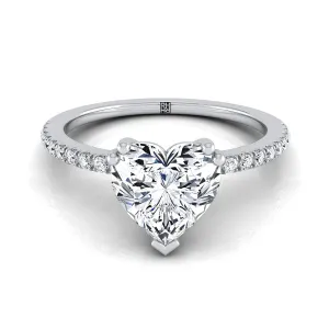 Platinum Heart Shape Center Diamond Simple French Pave Double Claw Prong Engagement Ring -1/6ctw