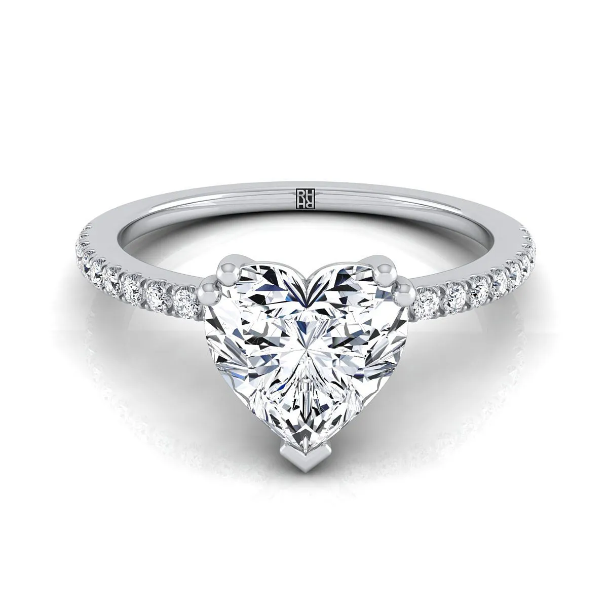 Platinum Heart Shape Center Diamond Simple French Pave Double Claw Prong Engagement Ring -1/6ctw