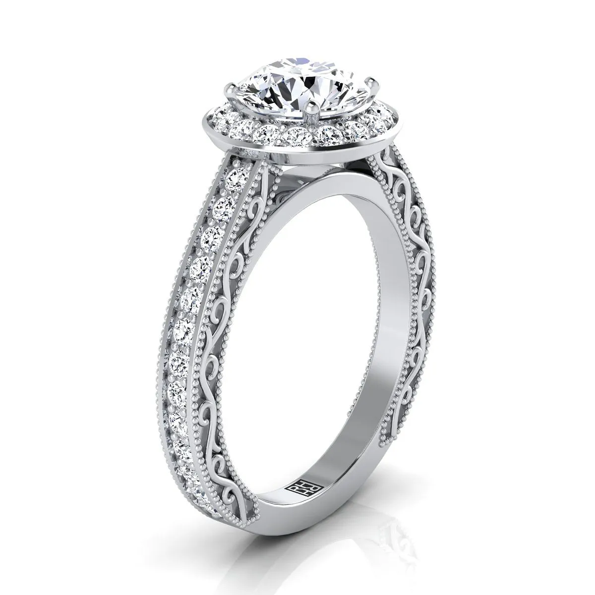 Platinum Round Brilliant Hand-Engraved Delicate Diamond Milgrain Engagement Ring -1/2ctw