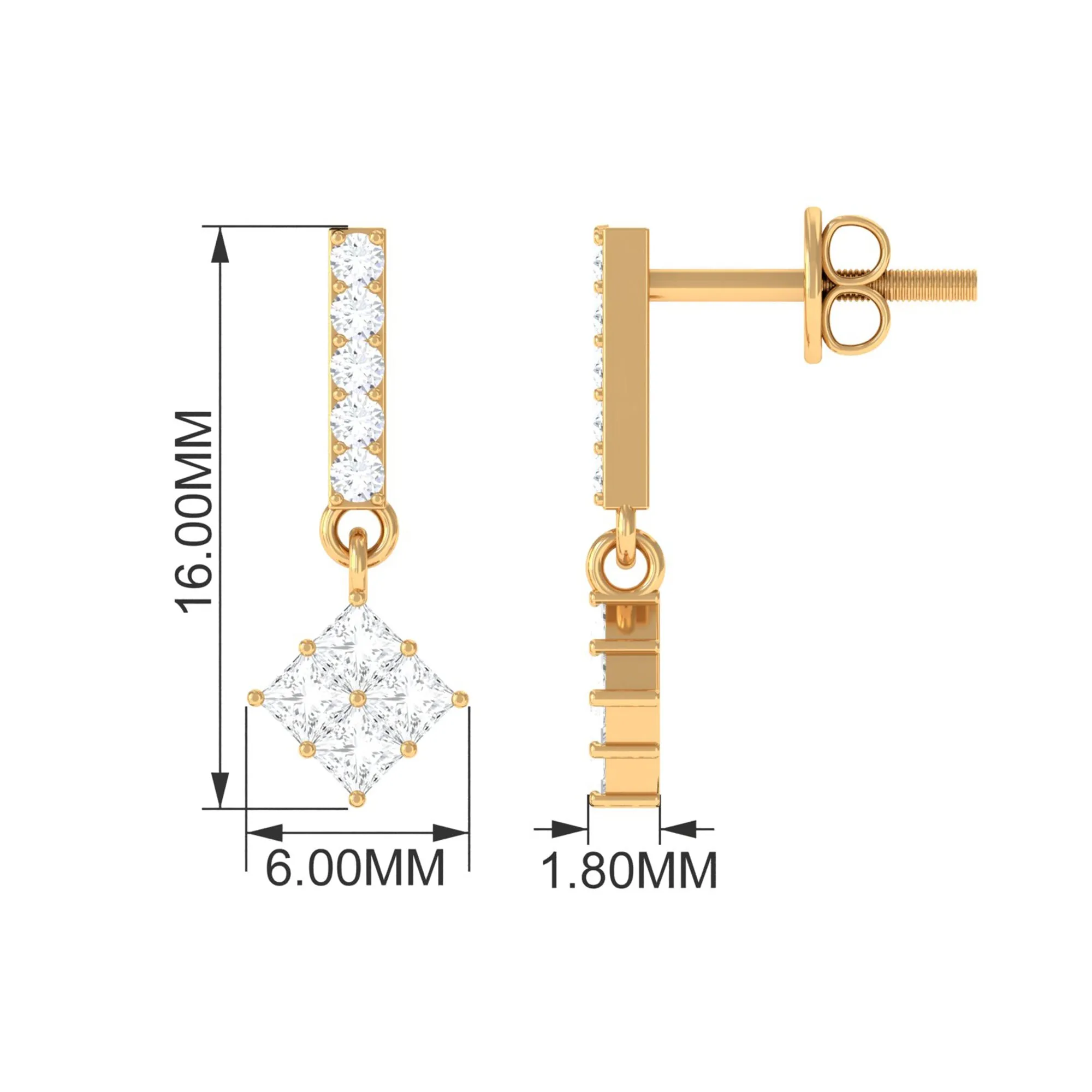 Princess and Round Cut Diamond Contemporary Dangle Earrings