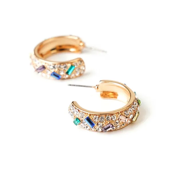 Radiant Colorful Rhinestone Gold Hoop Earrings