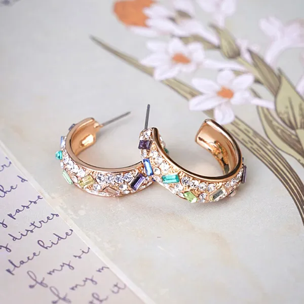 Radiant Colorful Rhinestone Gold Hoop Earrings