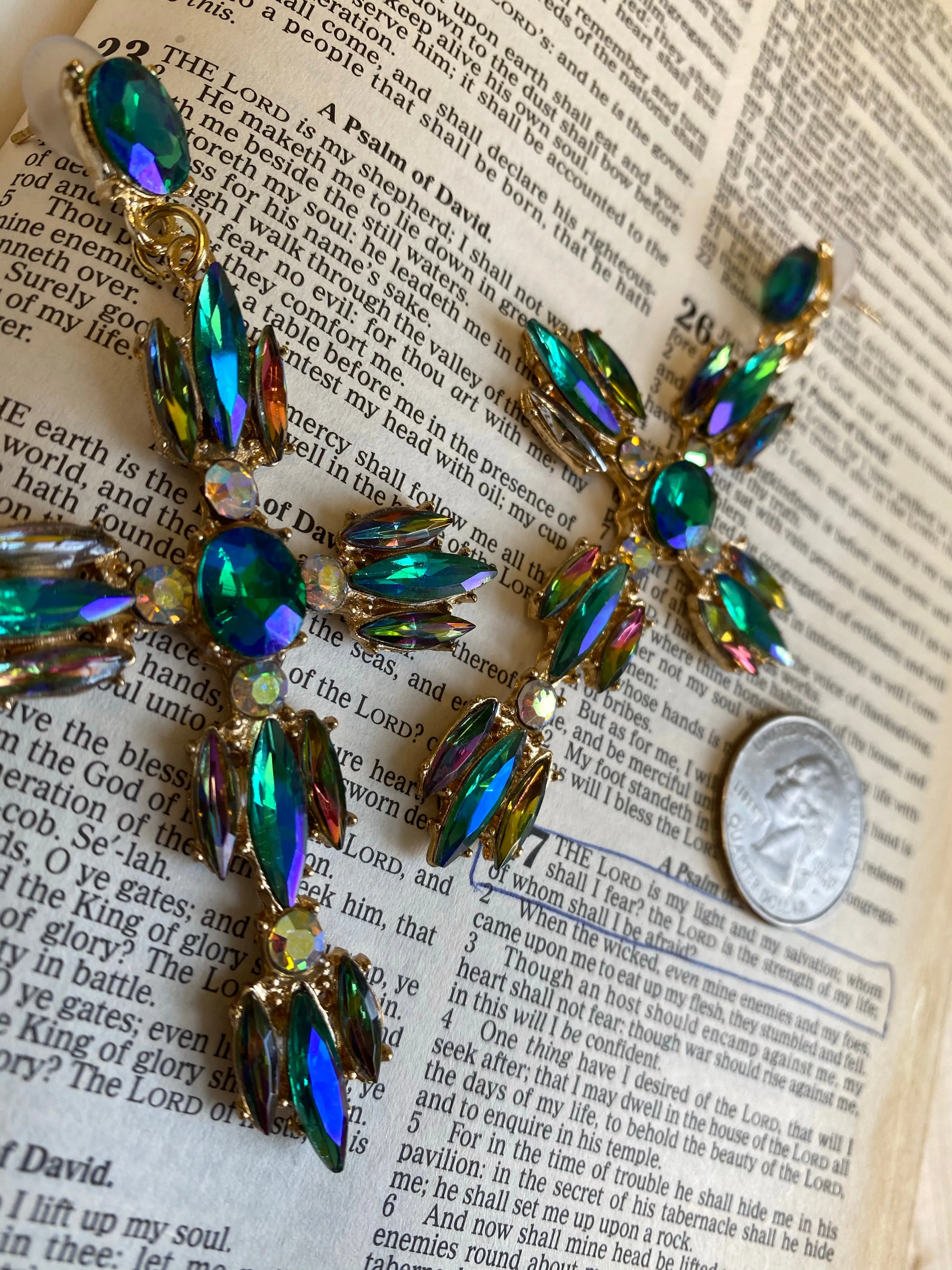 “Redeemed” colorful gem cross earrings