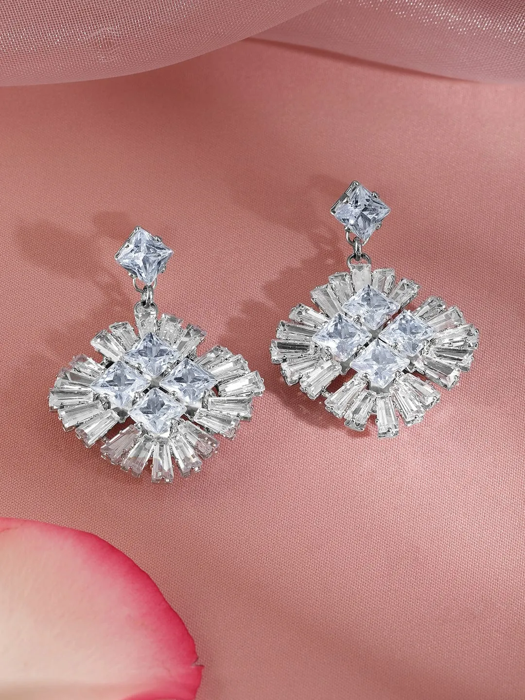 RubansRhodium-Plated Cubic Zirconia Studded Contemporary Drop Earrings