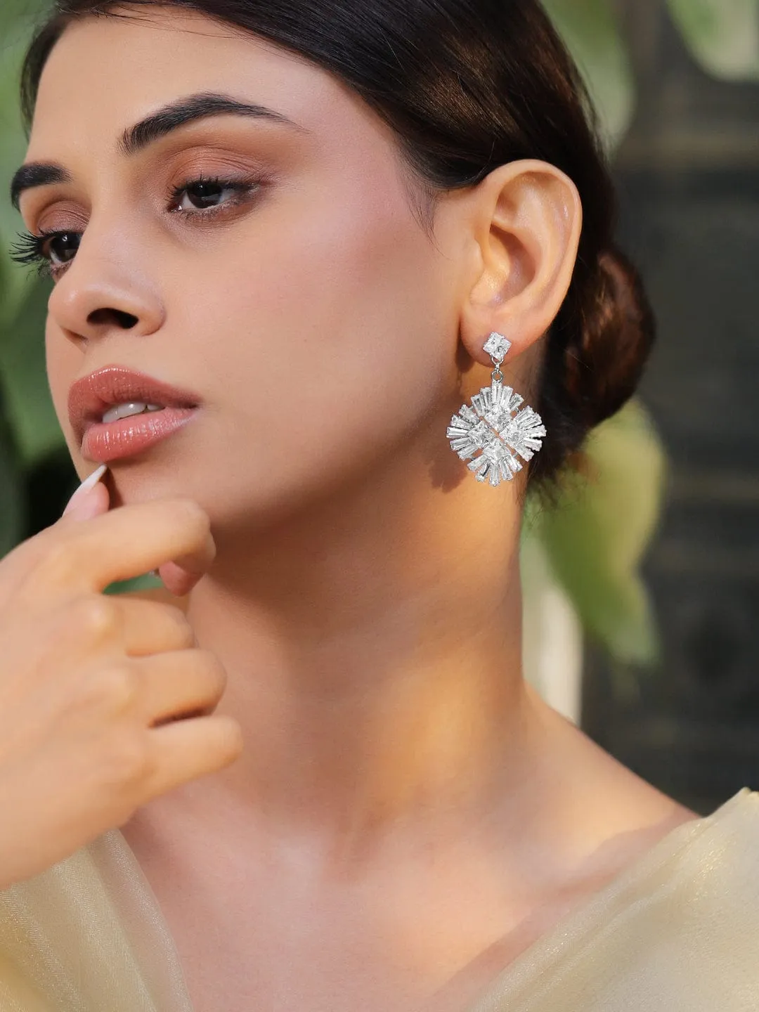 RubansRhodium-Plated Cubic Zirconia Studded Contemporary Drop Earrings