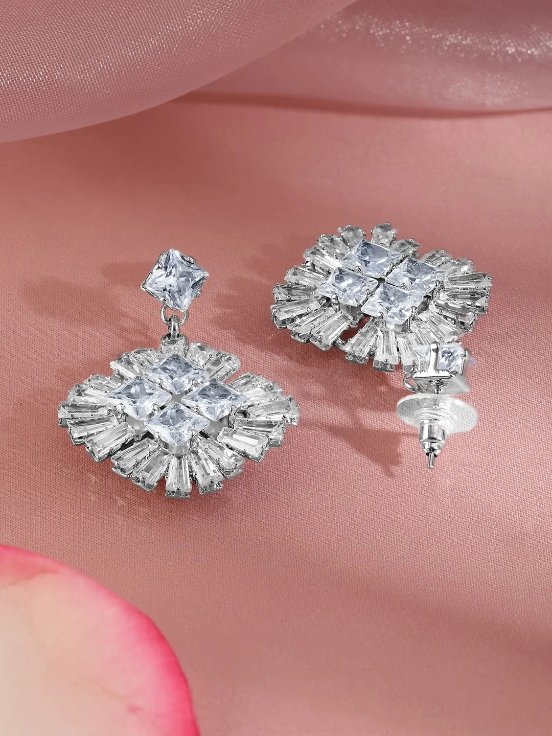 RubansRhodium-Plated Cubic Zirconia Studded Contemporary Drop Earrings