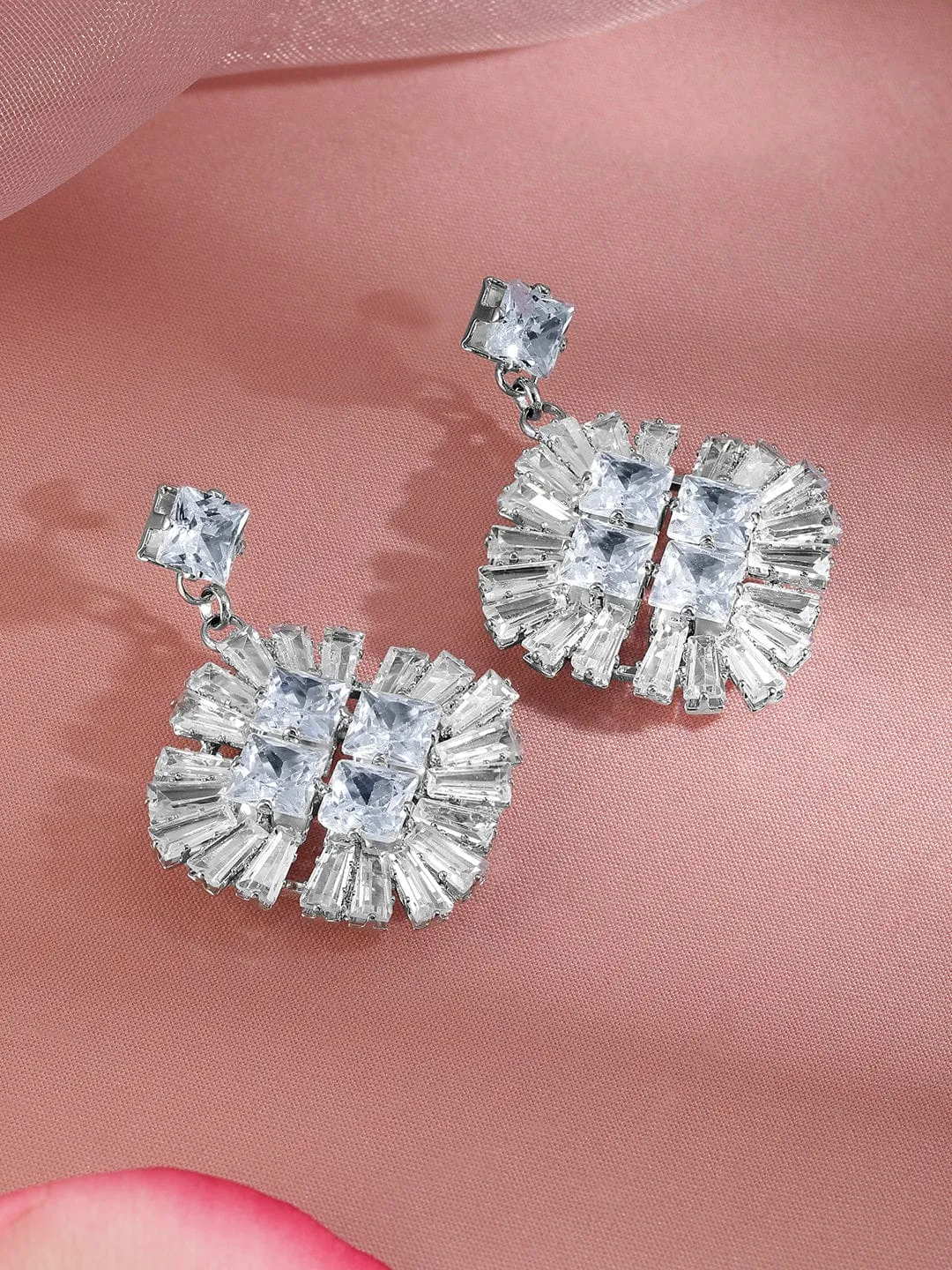 RubansRhodium-Plated Cubic Zirconia Studded Contemporary Drop Earrings