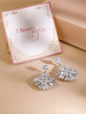 RubansRhodium-Plated Cubic Zirconia Studded Contemporary Drop Earrings