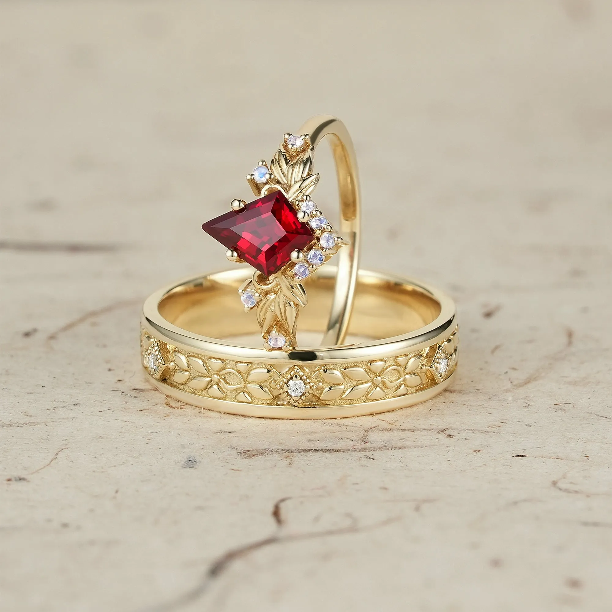 Ruby and Moissanite Leaf Couple Rings - Eternal Bond