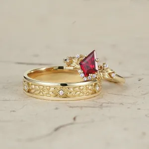 Ruby and Moissanite Leaf Couple Rings - Eternal Bond