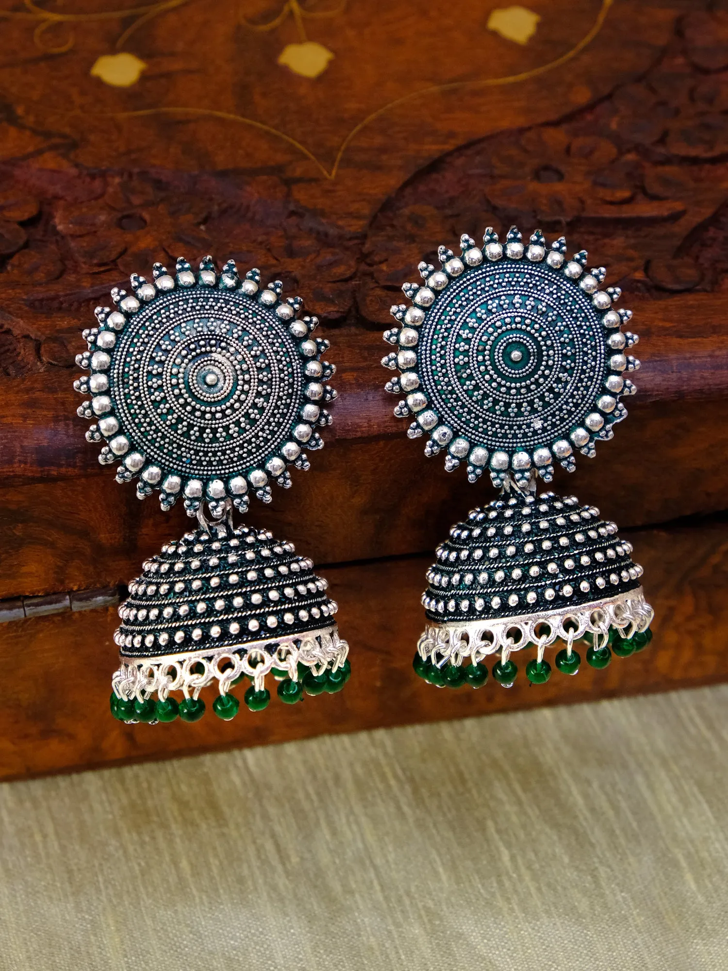 Silver Plated, Traditional Round Jhumka Earrings for Women in Yellow Design