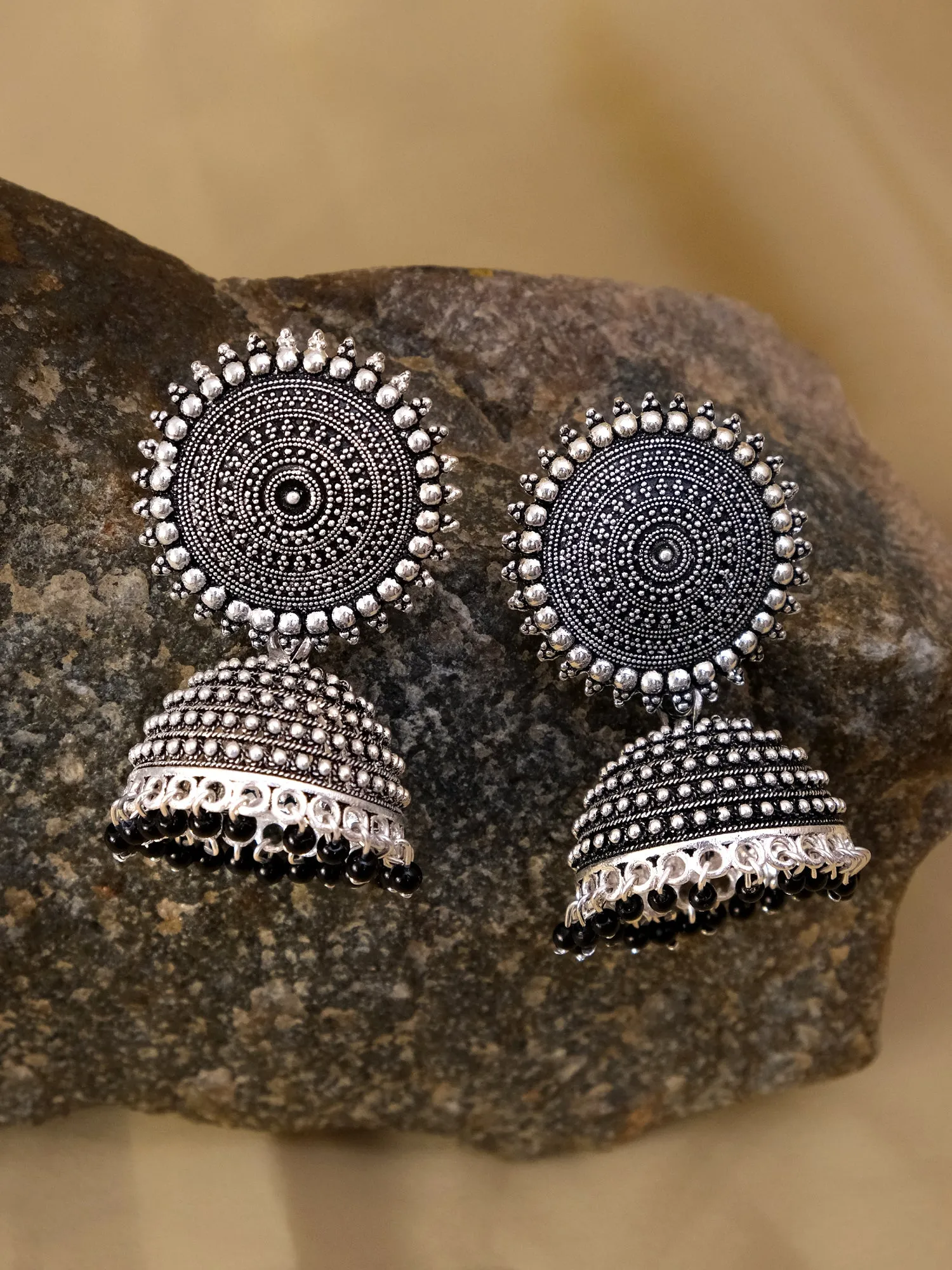 Silver Plated, Traditional Round Jhumka Earrings for Women in Yellow Design