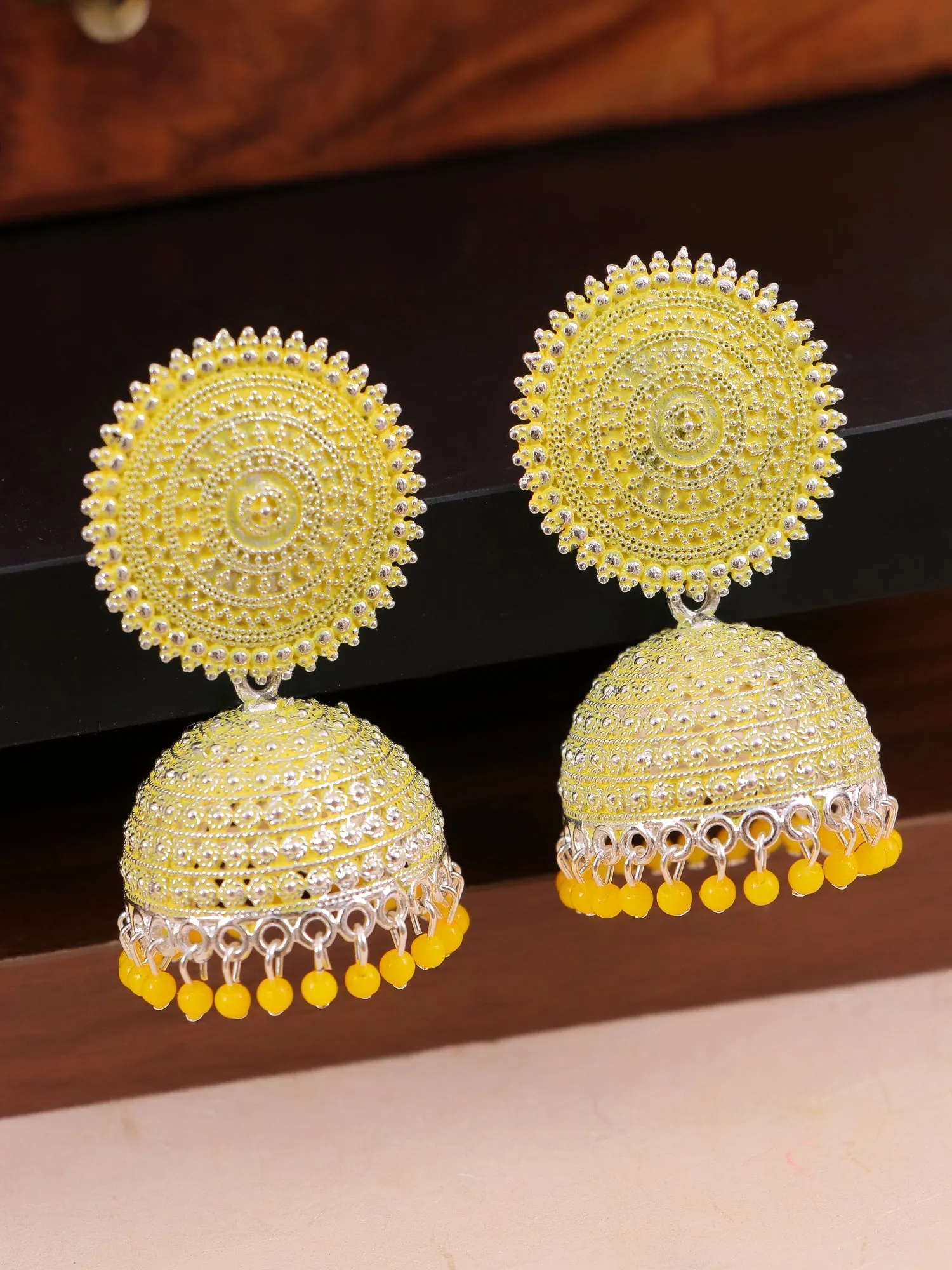 Silver Plated, Traditional Round Jhumka Earrings for Women in Yellow Design