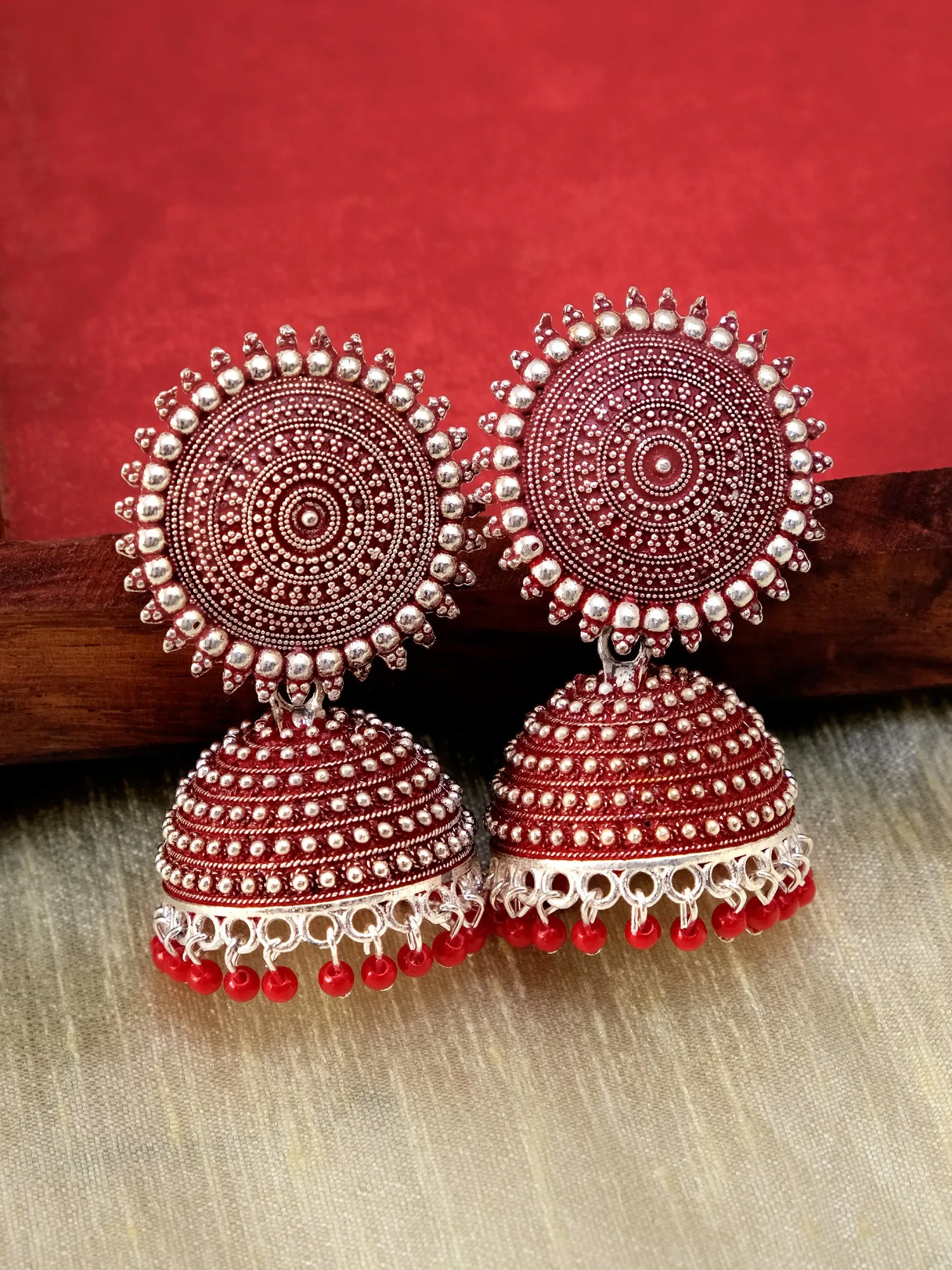 Silver Plated, Traditional Round Jhumka Earrings for Women in Yellow Design