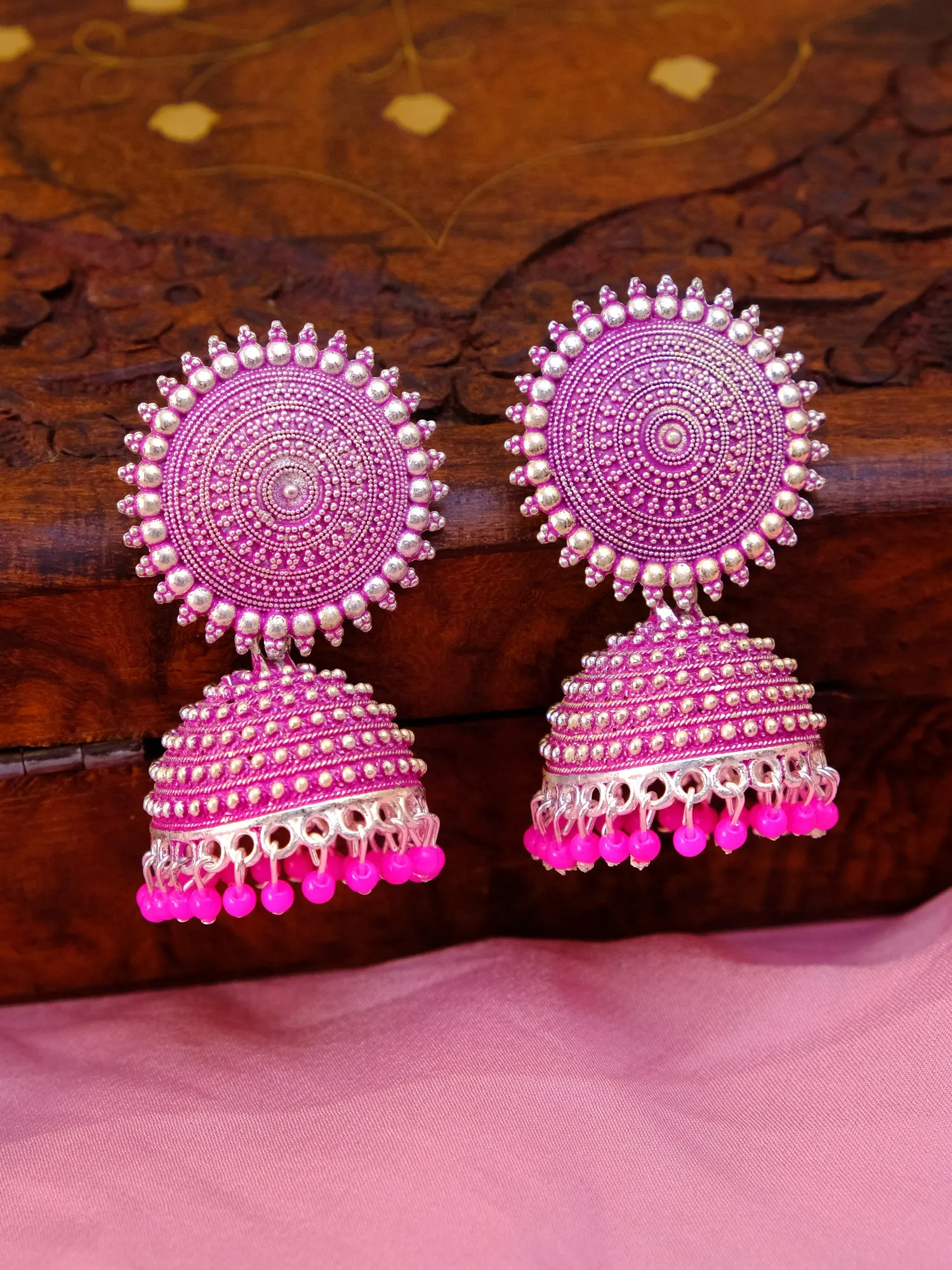 Silver Plated, Traditional Round Jhumka Earrings for Women in Yellow Design