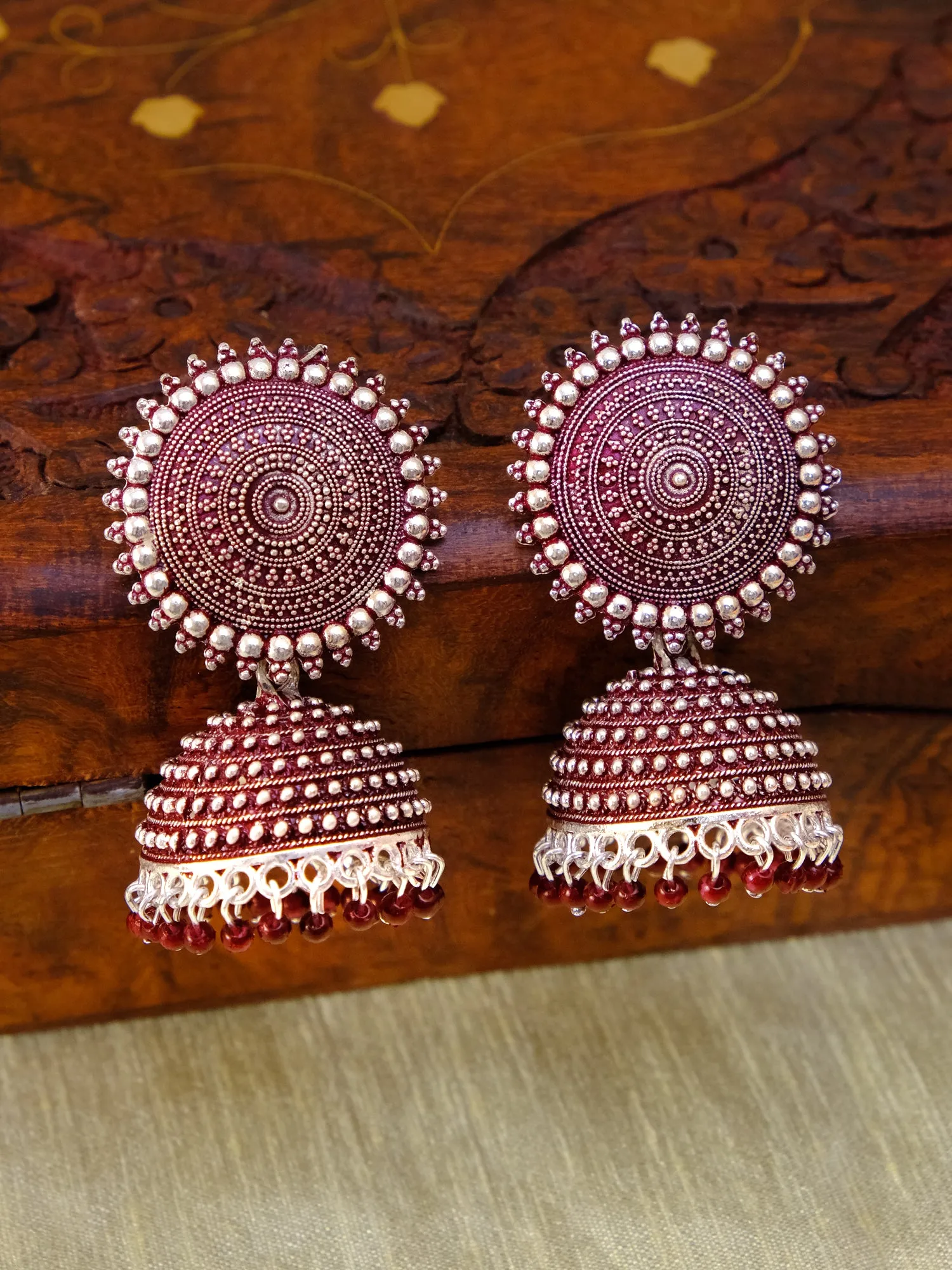 Silver Plated, Traditional Round Jhumka Earrings for Women in Yellow Design