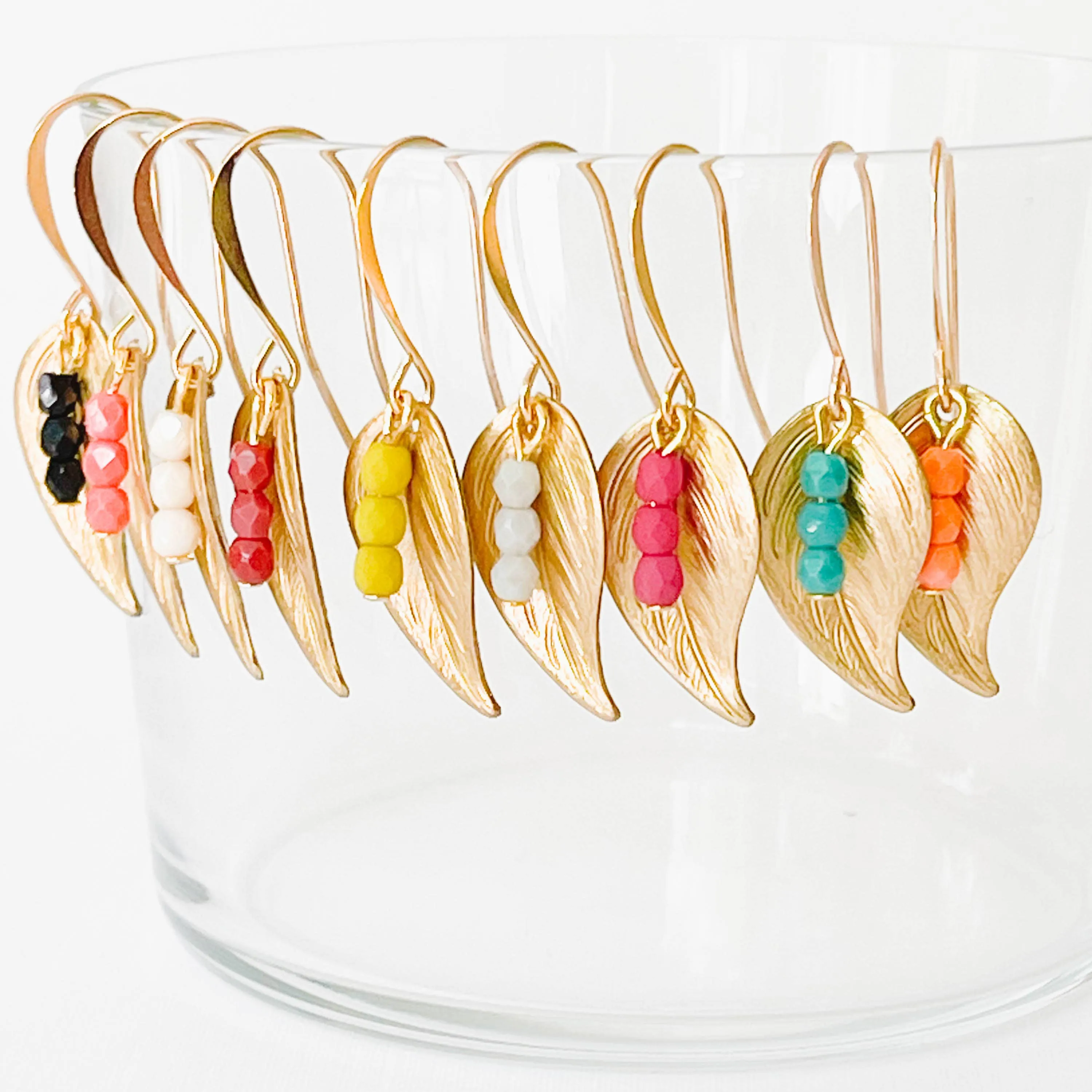 Small leaf earrings with colorful beads