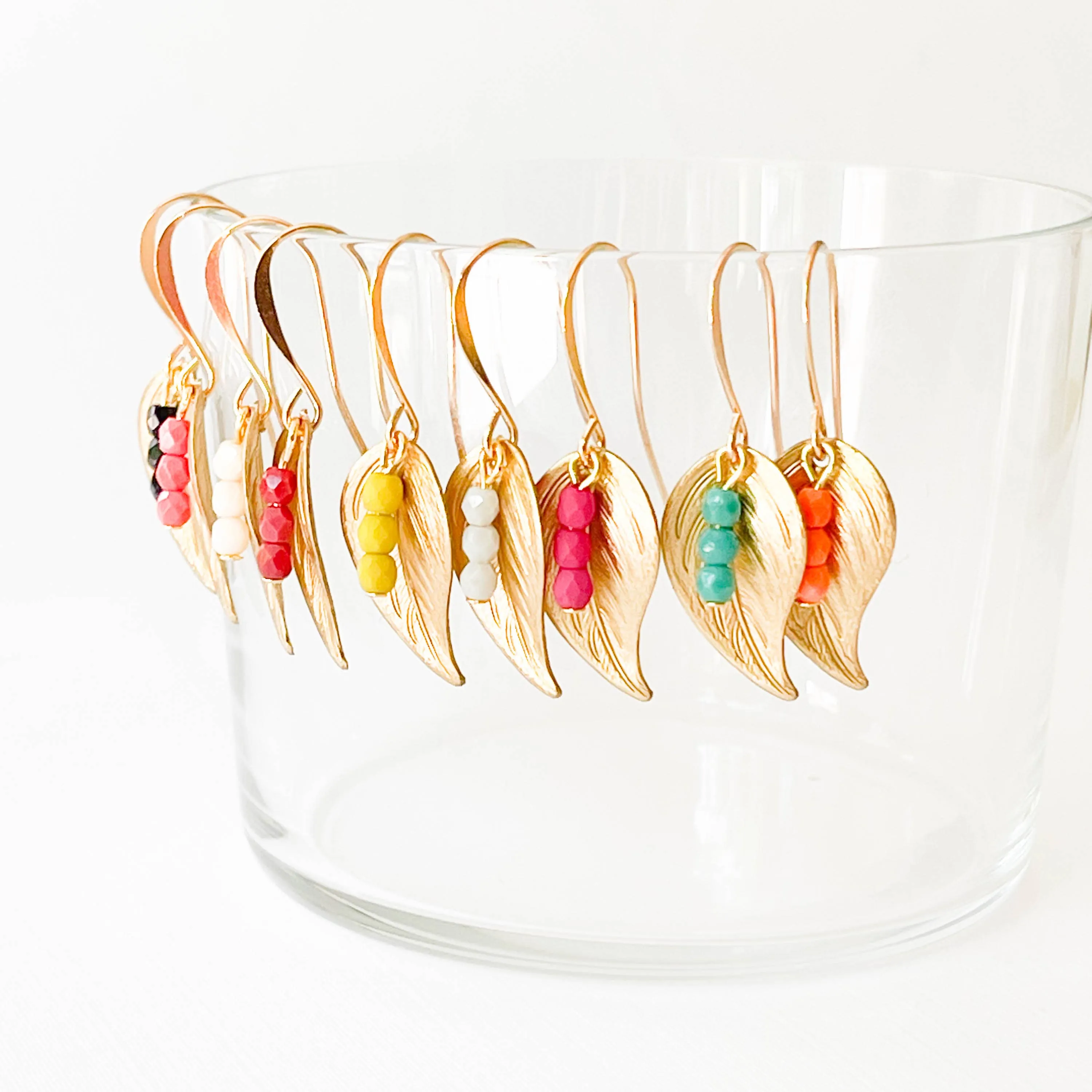 Small leaf earrings with colorful beads