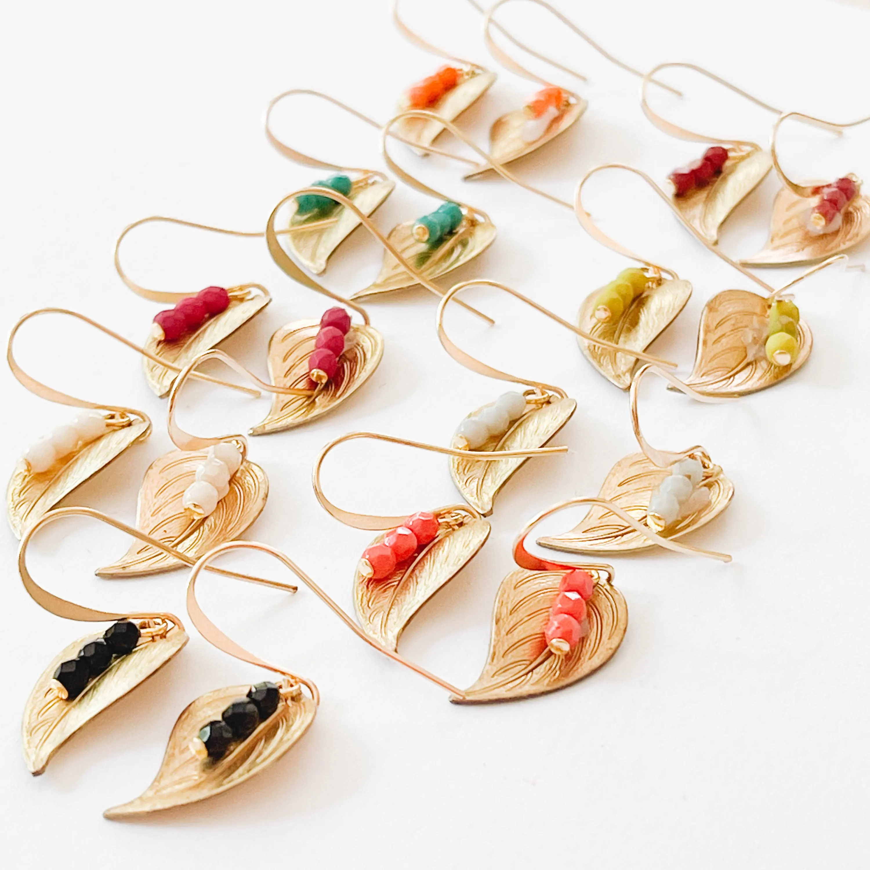 Small leaf earrings with colorful beads