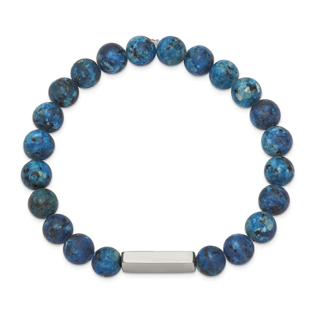 Stainless Steel Polished ID Plate Lapis Bead Stretch Bracelet