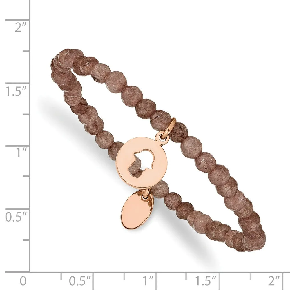 Stainless Steel Polished Rose IP Hamsa Brown Jade Stretch Bracelet