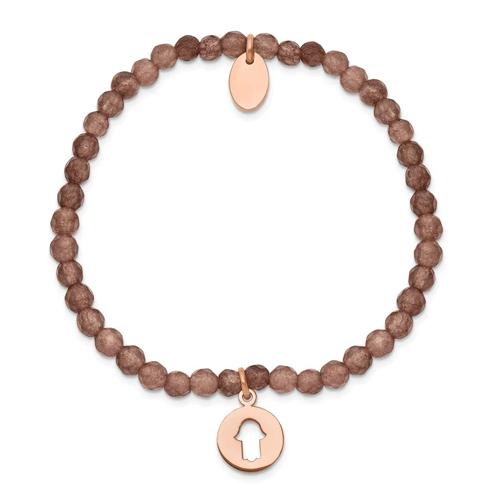 Stainless Steel Polished Rose IP Hamsa Brown Jade Stretch Bracelet