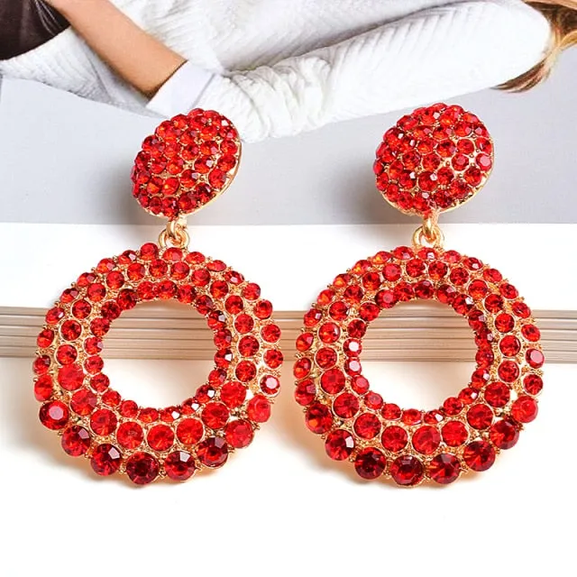 Statement Round Colorful Rhinestone Long Drop Earrings