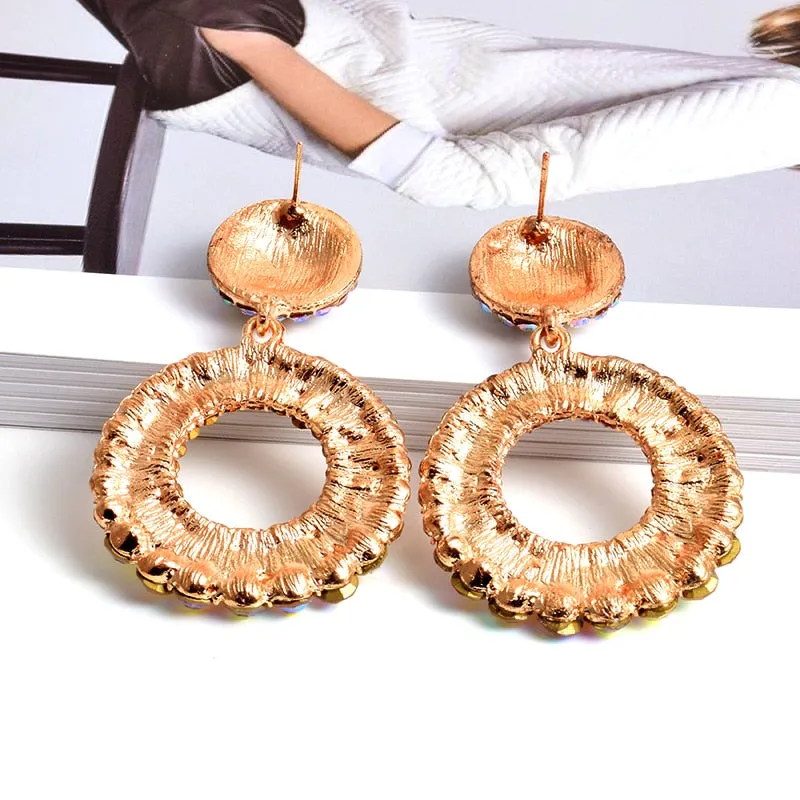 Statement Round Colorful Rhinestone Long Drop Earrings