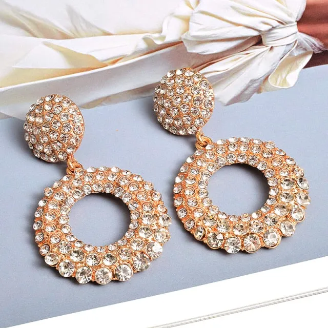 Statement Round Colorful Rhinestone Long Drop Earrings