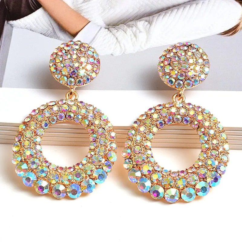Statement Round Colorful Rhinestone Long Drop Earrings