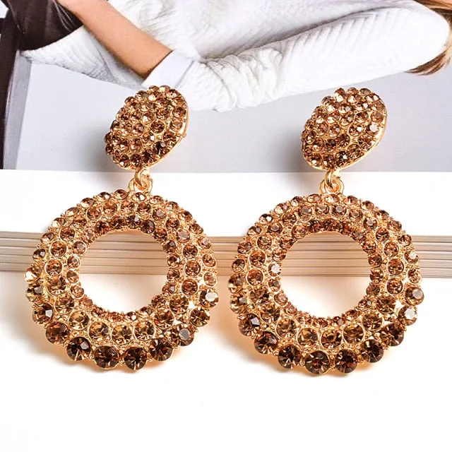 Statement Round Colorful Rhinestone Long Drop Earrings