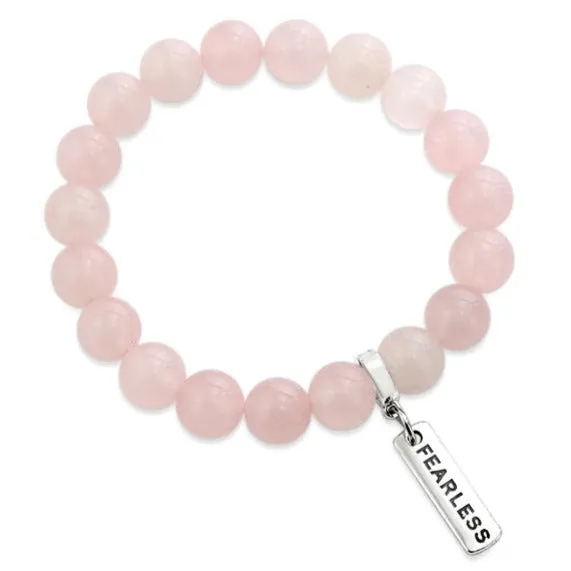 Stone Bracelet - Rose Quartz 10mm Beads - with Silver Word Charm