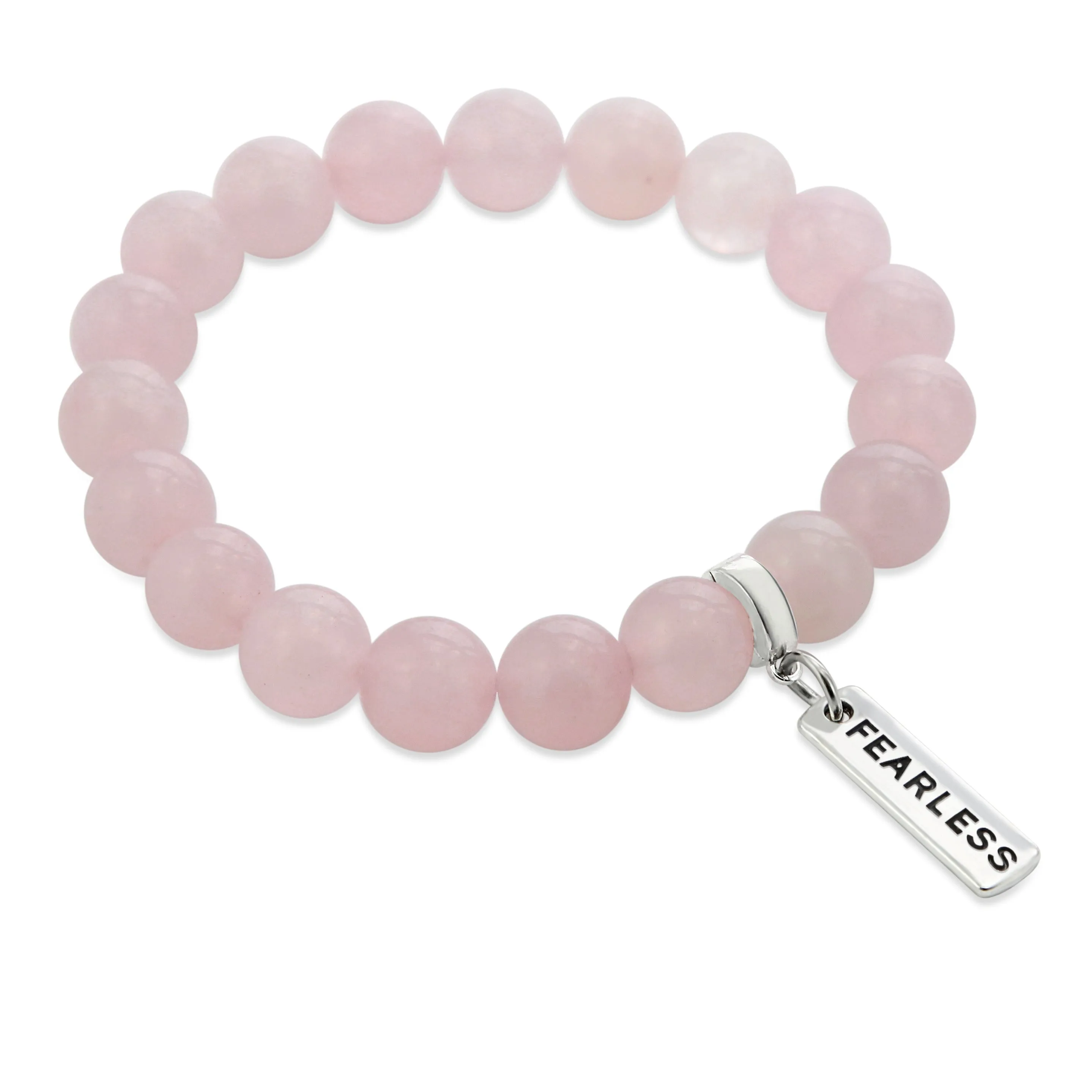 Stone Bracelet - Rose Quartz 10mm Beads - with Silver Word Charm