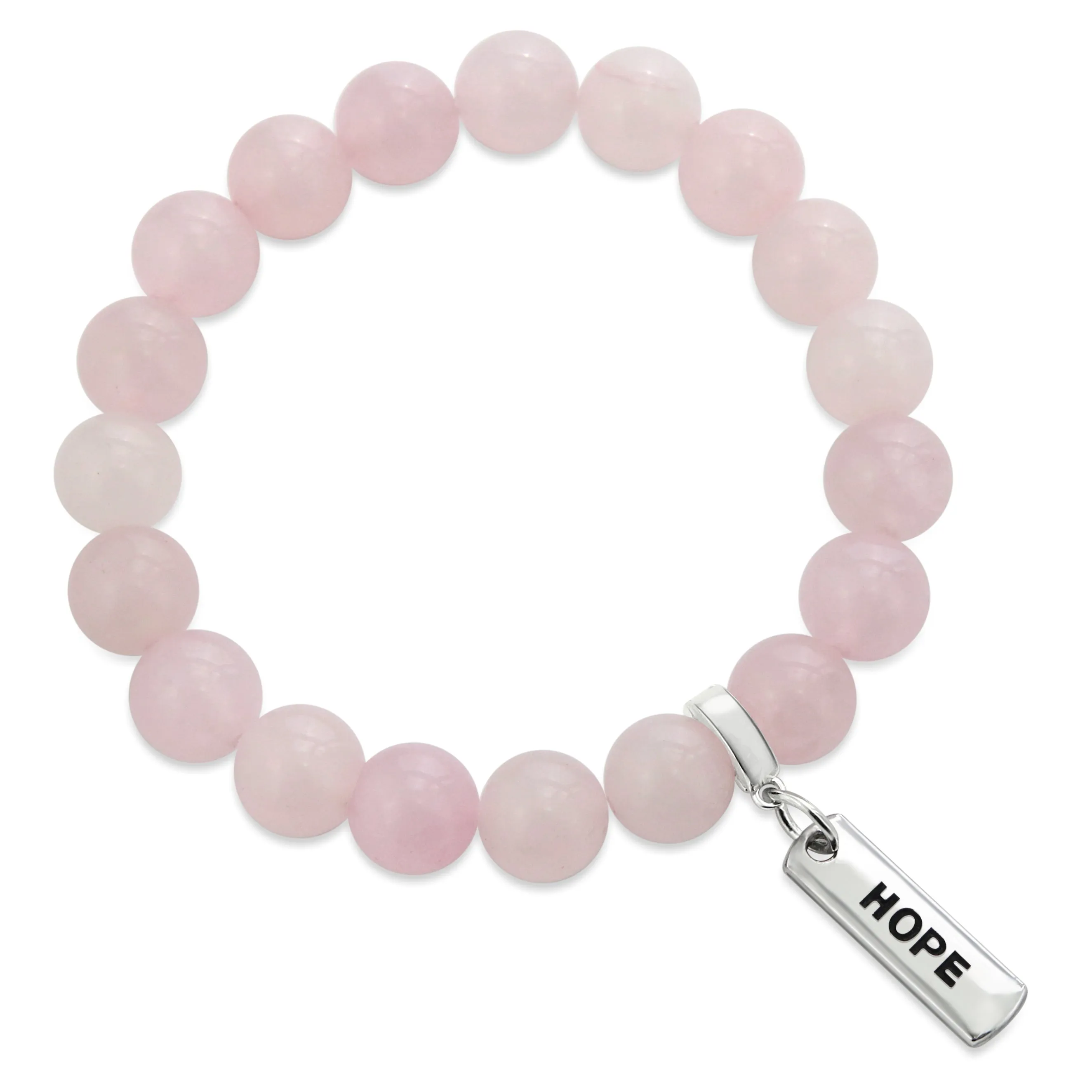Stone Bracelet - Rose Quartz 10mm Beads - with Silver Word Charm