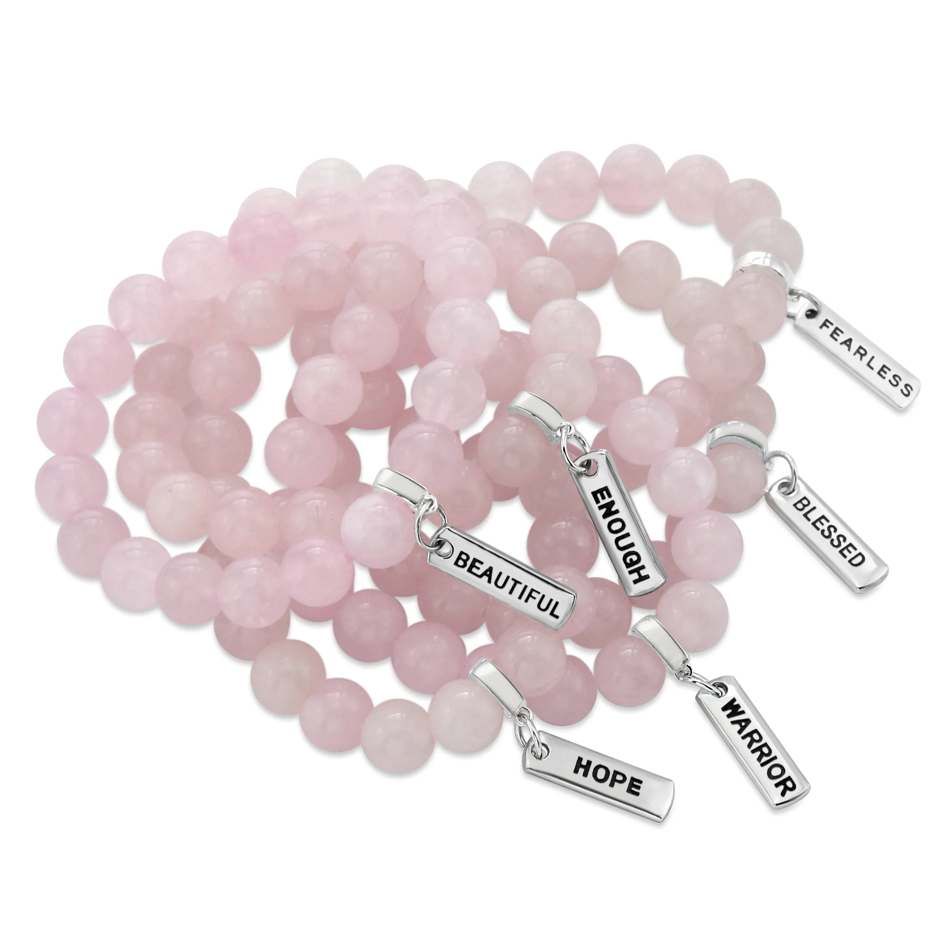 Stone Bracelet - Rose Quartz 10mm Beads - with Silver Word Charm