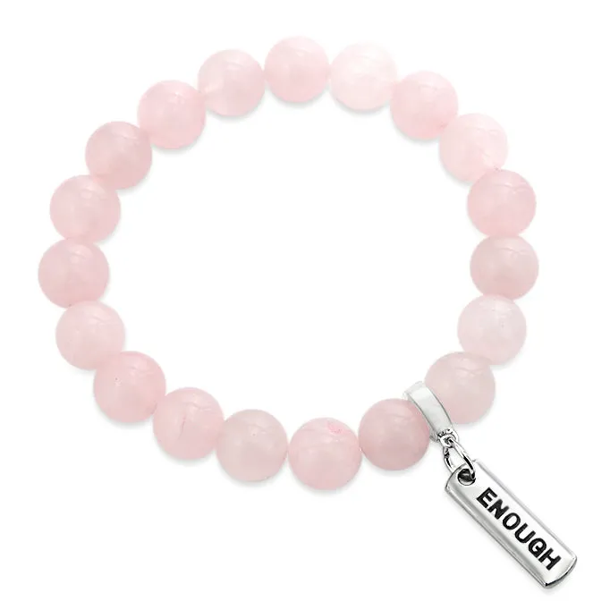 Stone Bracelet - Rose Quartz 10mm Beads - with Silver Word Charm