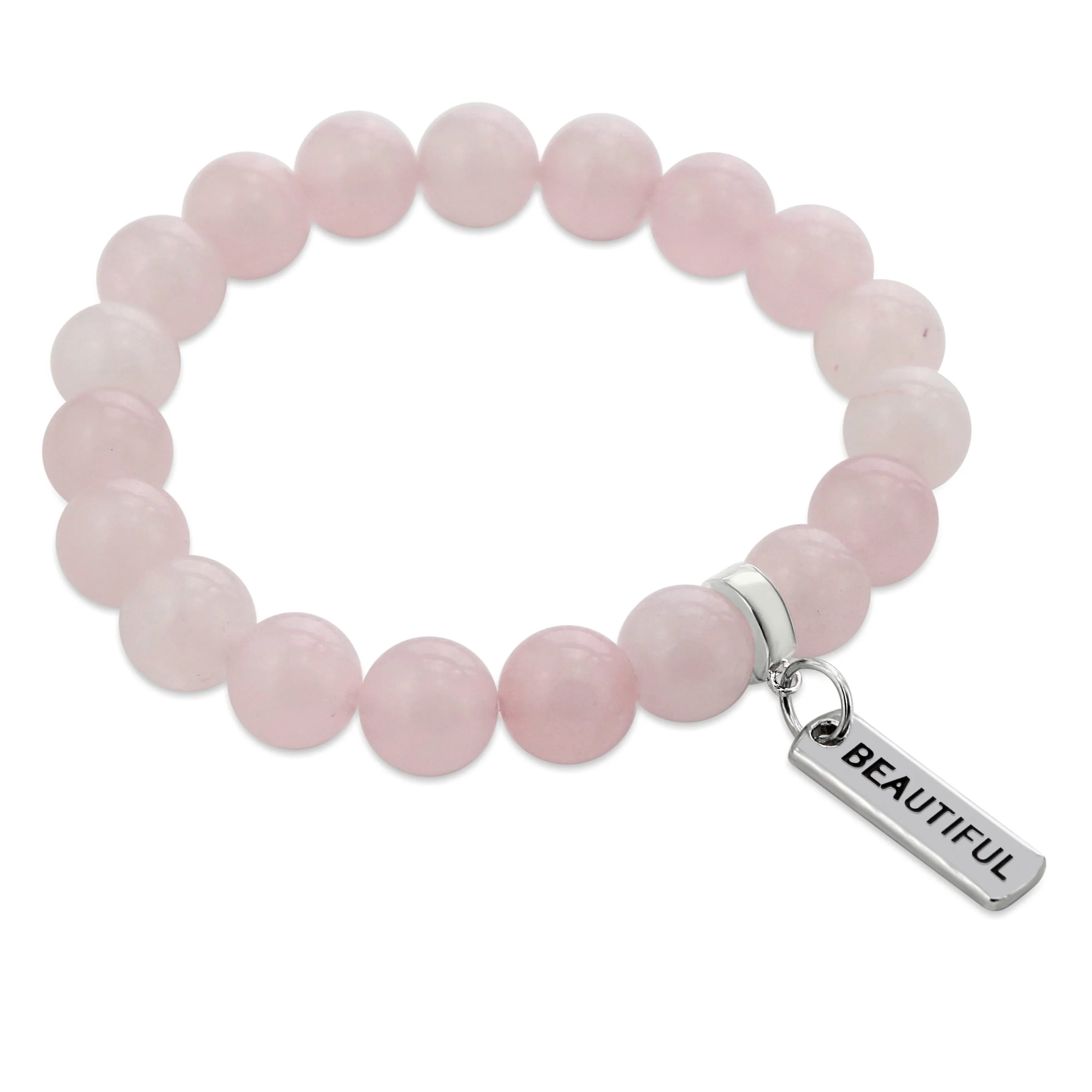 Stone Bracelet - Rose Quartz 10mm Beads - with Silver Word Charm