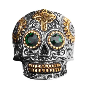 Sugar Skull Ring with Green Gemstone