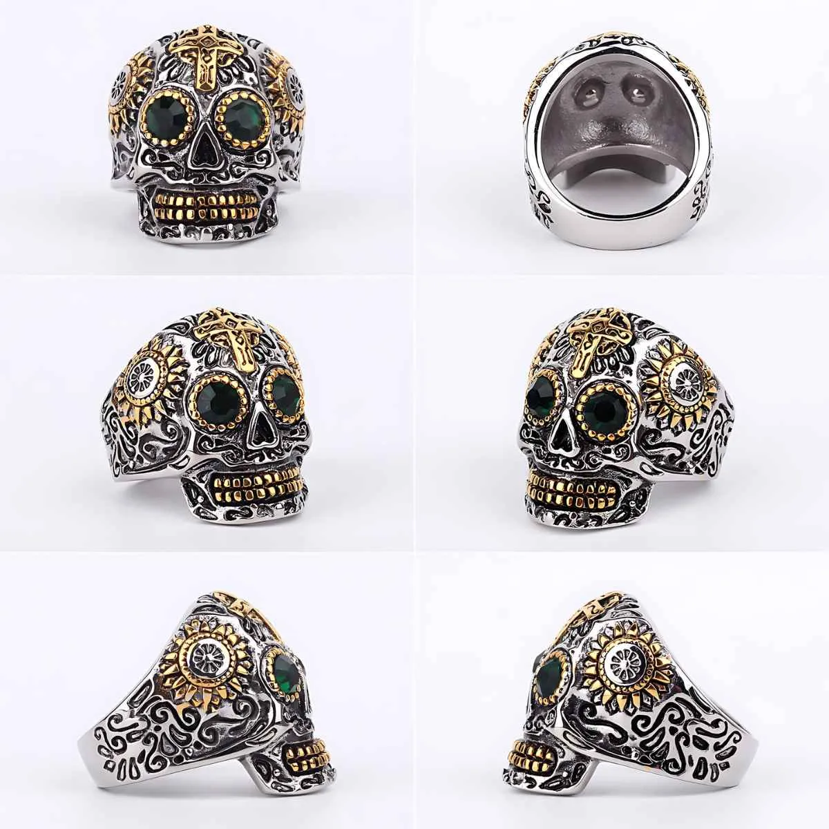 Sugar Skull Ring with Green Gemstone