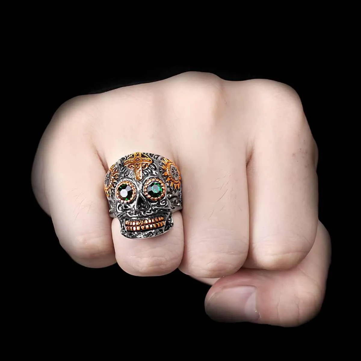 Sugar Skull Ring with Green Gemstone