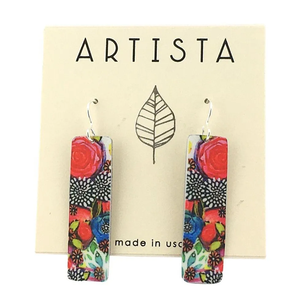 Summer Garden Red Flower Rectangle Dangle Handmade Aluminum Artisan Earrings 2L