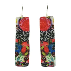 Summer Garden Red Flower Rectangle Dangle Handmade Aluminum Artisan Earrings 2L