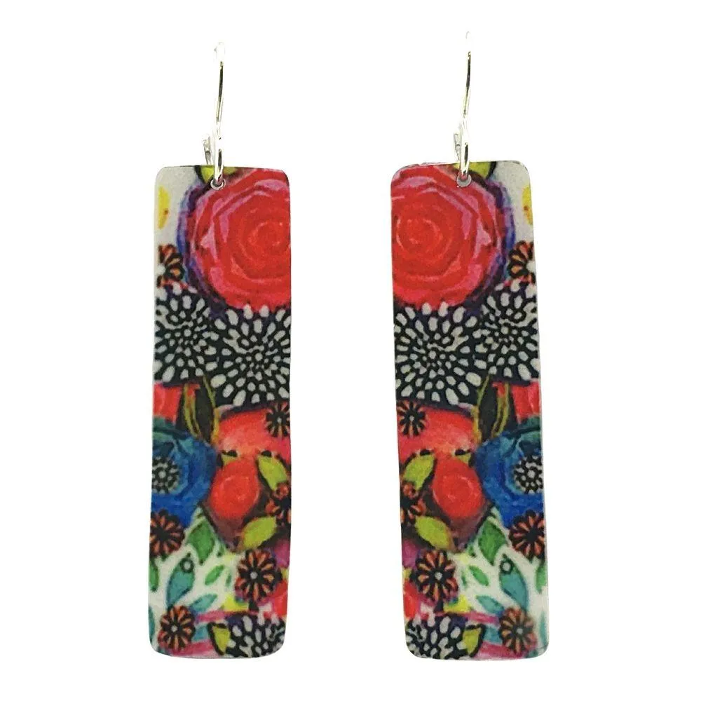 Summer Garden Red Flower Rectangle Dangle Handmade Aluminum Artisan Earrings 2L