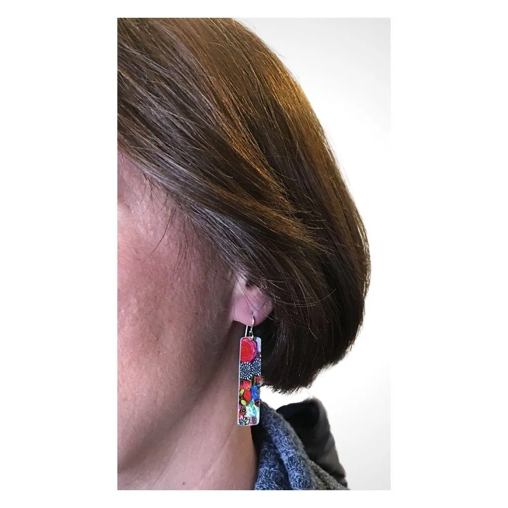 Summer Garden Red Flower Rectangle Dangle Handmade Aluminum Artisan Earrings 2L